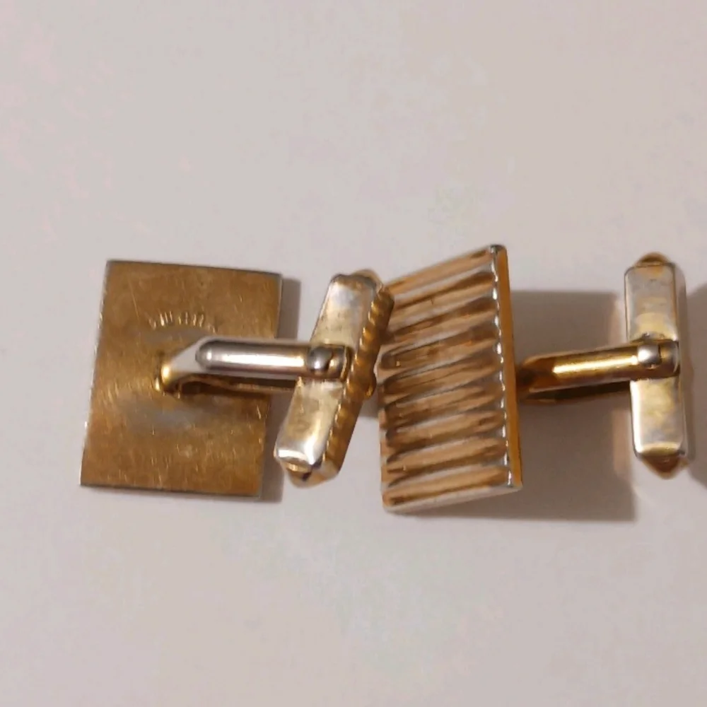 VTG Swank Gold Tone Engine Turned Ribbed Rectangular Cufflinks MCM Retro Formal - Picture 5 of 9